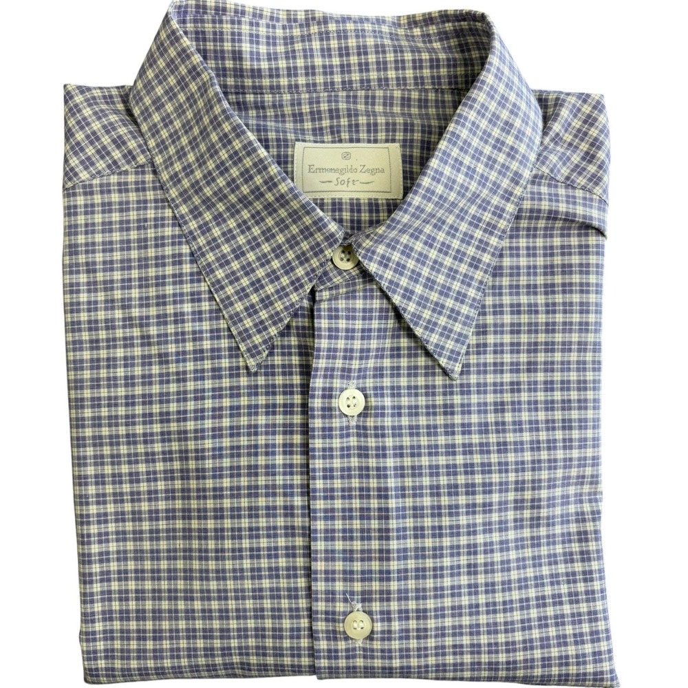 Ermenegildo Zegna Long Sleeve Dress Shirt Mens L Blue Beige Check Plaid NEW